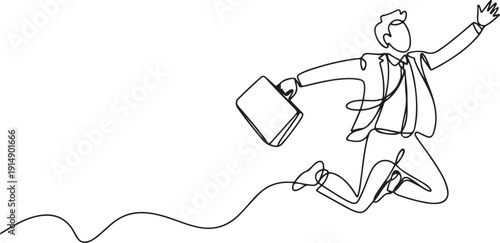 Continuous line drawing of a man in a business suit jumping with a briefcase, representing a business concept for National Leave Work Early Day. one line Icon drawing