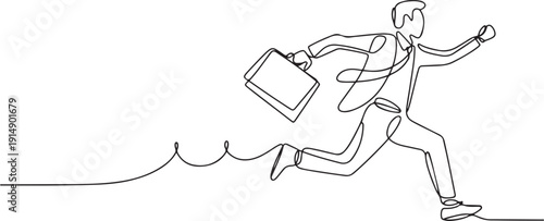 Continuous line drawing of a man in a business suit jumping with a briefcase, representing a business concept for National Leave Work Early Day. one line Icon drawing