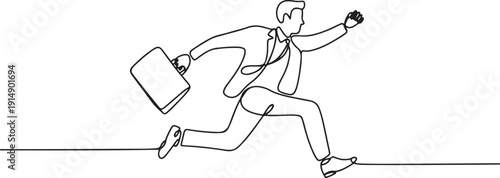 Continuous line drawing of a man in a business suit jumping with a briefcase, representing a business concept for National Leave Work Early Day. one line Icon drawing