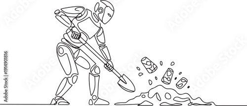 Continuous one line drawing robot digging in dirt using shovel. Humanoid robot cybernetic organism. Future robotics development. Treasure digging. one line Icon drawing