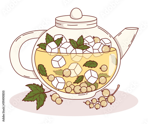 Fruit Tea with White Currants and Mint in Glass Teapot. Seasonal Refreshing Drink with Ice Cubes, Berries and Mint Leaves. Vector Illustration