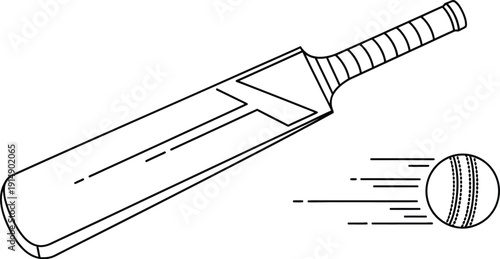 Outline drawing depicts a cricket bat positioned near a fast moving leather ball suggesting immediate action in the traditional bat and ball sport