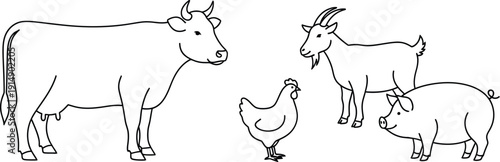 Simple black and white line art drawing of common farm animals including a cow a goat a chicken and a happy pig