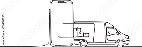 Continuous one line drawing delivery car deliver packages and ride on smartphone screen. Online delivery service. Fast delivery parcel concept. one line Icon drawing