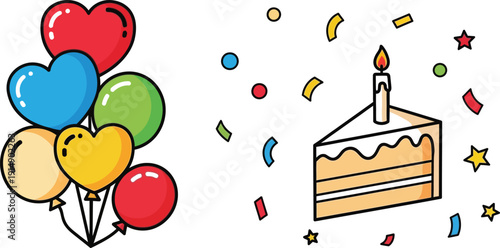 Adorable illustration of colorful heart shaped balloons clustered near a slice of birthday cake topped with a single flickering candle surrounded by confetti.