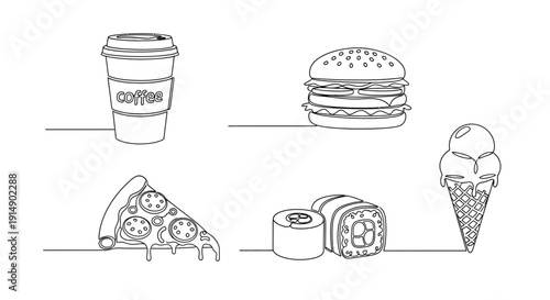 Simple continuous line art drawing depicting a collection of popular takeout and fast food items including coffee pizza burger and ice cream