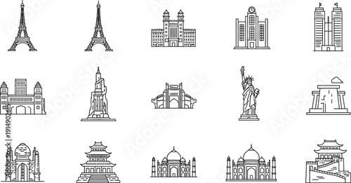 Collection of famous world landmark outline icons illustrating global travel destinations and historical architectural monuments
