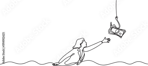 Continuous one line drawing businesswoman swims and reaches for banknotes attached to a hook. Investors want big profits. Causing losses. Risk. one line Icon drawing