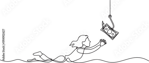Continuous one line drawing businesswoman swims and reaches for banknotes attached to a hook. Investors want big profits. Causing losses. Risk. one line Icon drawing