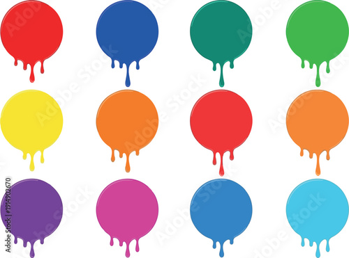 Dynamic and vibrant liquid paint drips flowing from circular elements on a white background, ideal for modern abstract graphic design.