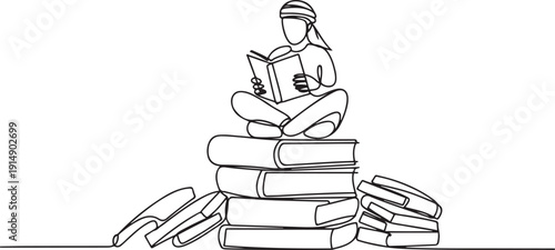 Single one line drawing young Arab student male reading, learning and sitting on big books. Study in library. Literature fans or lovers. one line Icon drawing