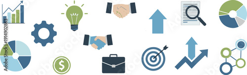 Business icons collection featuring finance, strategy, and productivity symbols in a modern illustration style