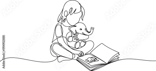 Single one line drawing girl sitting crossed legs hugging elephant doll and reading story book. Tell best habitat of elephants. National Tell a Story Day. one line Icon drawing