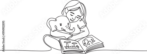 Single one line drawing girl sitting crossed legs hugging elephant doll and reading story book. Tell best habitat of elephants. National Tell a Story Day. one line Icon drawing