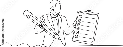 Continuous one line drawing businessman holding giant pencil looking at completed checklist on clipboard. Effective daily planning and time management. one line Icon drawing