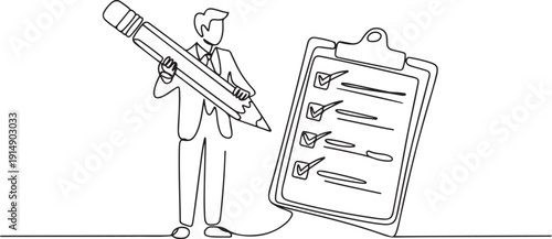 Continuous one line drawing businessman holding giant pencil looking at completed checklist on clipboard. Effective daily planning and time management. one line Icon drawing