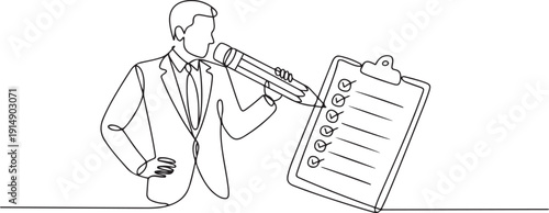 Continuous one line drawing businessman holding giant pencil looking at completed checklist on clipboard. Effective daily planning and time management. one line Icon drawing