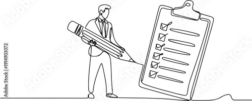 Continuous one line drawing businessman holding giant pencil looking at completed checklist on clipboard. Effective daily planning and time management. one line Icon drawing