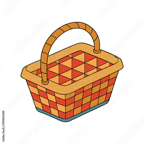 Empty picnic basket with colorful checkered pattern ready for outing