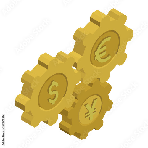 Isometric gears with embedded dollar, euro, and yen symbols interlock tightly, relationship between currencies of global financial system. 3D vector isolated on white background