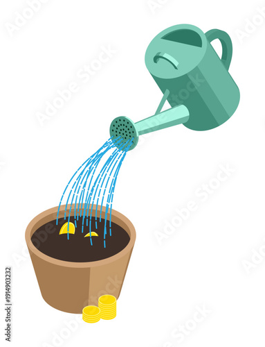 Isometric garden watering can waters gold coins planted in the ground in anticipation of the growth of a money tree. 3D vector isolated on white background