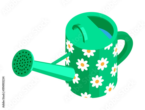 Isometric green garden watering can decorated with a pattern of white daisies. 3D vector isolated on white background
