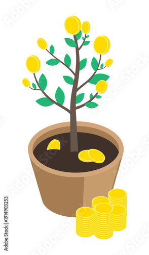 Isometric money tree grows in a ceramic pot and produces fruits in form of dividend coins. 3D vector isolated on white background