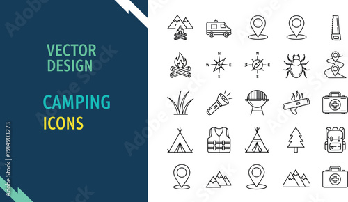 Minimal Camping Line Icons Set for Outdoor Adventure, Hiking, Travel, Survival, Nature, and Summer Camp Vector Design