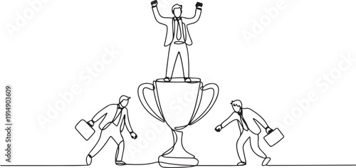 Continuous one line drawing businessman standing on big trophy. Celebrating the success of business. Got fraudulent business opponents. Falling helpless. one line Icon drawing
