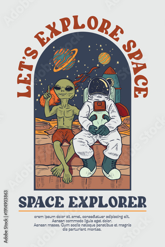 Vintage illustration of astronaut and alien in space for background and label or logo