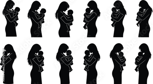 Mother holding baby silhouette vector illustration, maternal love artwork, parenting care design, family bonding lifestyle concept, affection tenderness child artwork