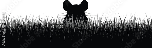 Minimalist vector silhouette of hidden mouse in tall grass, nature wildlife illustration design emphasizing stealth, suspense, concealment, curiosity, and contrast.
