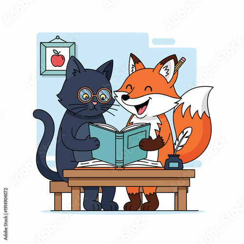 Cat and Fox Reading Together