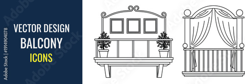 Minimal line art balcony icons set featuring classic terrace with plants and curtain for architecture and home design