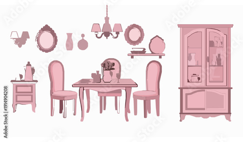 Miniature Pink Dining Room Furniture Set Cute Dollhouse Interior Vector Illustration