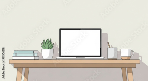 Laptop on Desk with Office Supplies.