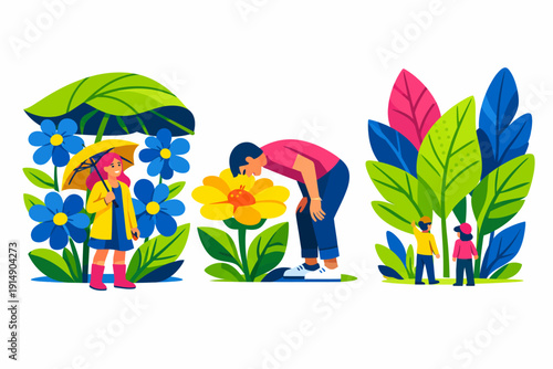 Spring and Summer Nature Fun Set. Flat Design People Gardening, Smelling Giant Flowers, and Exploring Lush Green Plants.