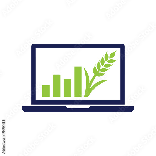 Laptop with growing bar chart and wheat or grain logo design concept. agriculture statistics.