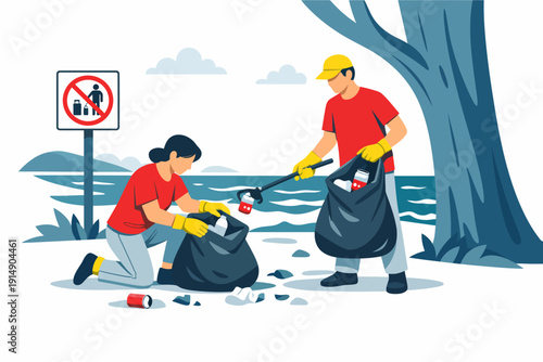 Environmental Cleanup Day: Volunteers Picking Up Trash and Litter on the Shoreline. Ecology and Pollution Prevention Vector Illustration.