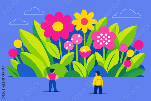 Vibrant Flat Design Illustration of Two People Standing in Awe of Giant Oversized Flowers and Lush Green Foliage Against a Blue Sky