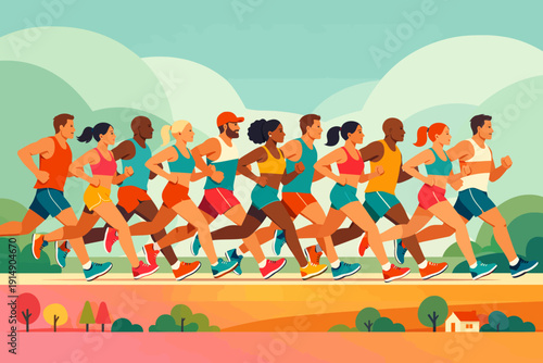 Diverse Runners Group Participating in a Marathon or 10K Race. Flat vector illustration of men and women jogging for fitness outdoors.