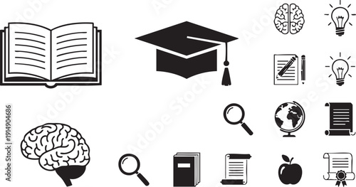 Black and white education including graduation cap book brain learning school
