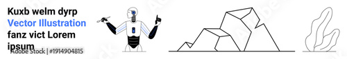 Artificial intelligence, technology, minimalistic design, futuristic environments, data visualization, innovation. A robot with digital gestures, geometric rocks and plant line sketches. Artificial