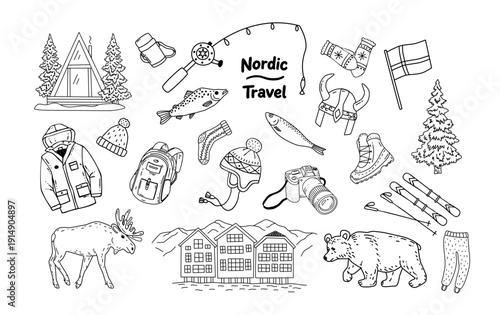 Nordic winter travel line art set with cabin, clothes, backpack, camera, skis, fish, elk and bear, hand drawn black and white outline vector isolated on white, perfect for travel blog, poster, sticker