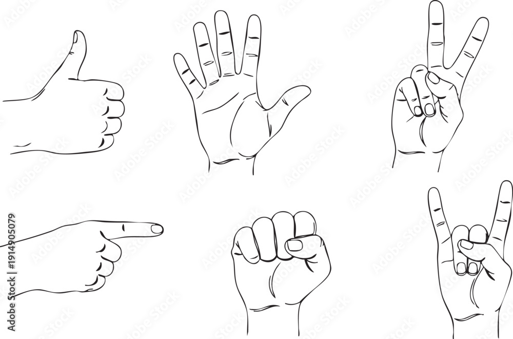 Obraz premium Black and white line of six different hand gestures hands line thumb