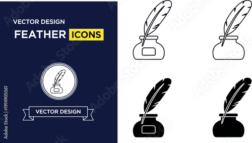 Minimal vector feather icons in line and solid styles suitable for writing, literature and logo design