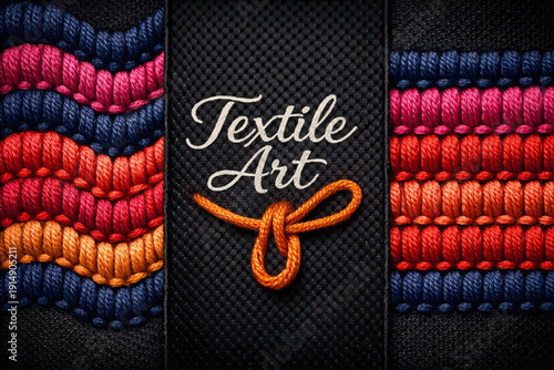 Colorful Embroidered Textile Art Label Design with Knot and Textured Fabric Background