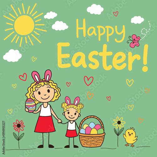 Adorable hand-drawn Easter illustration featuring a mother and child wearing bunny ears, holding colorful Easter eggs and a basket for greeting cards, kids designs, posters, prints, holiday decoration