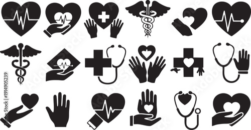 Black and white medical including hearts hands stethoscopes and crosses medical healthcare symbols