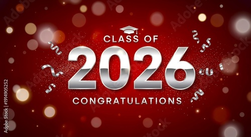 A red background with a silver graduation cap and the number 2026. The background is decorated with glitter